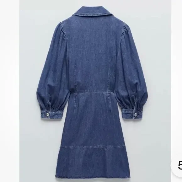 Zara Blue  Double Breasted Puff Sleeve Denim Mini Dress Blogger Favorite NEW - Picture 3 of 16
